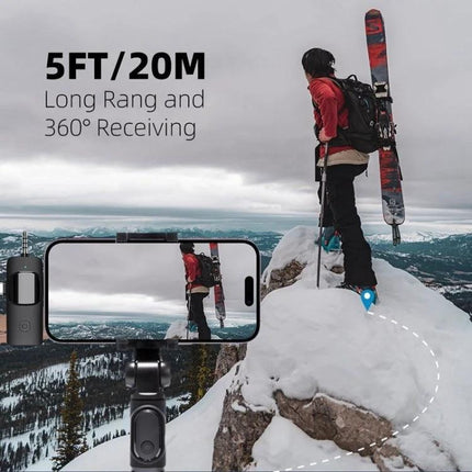 Clip-On Microphones for Everyday Video Calls and Recordings shown clipped to jacket with 5FT/20M range during outdoor mountain recording