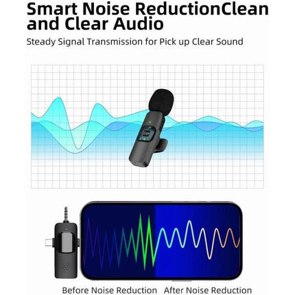 Clip-On Microphones for Everyday Video Calls and Recordings – compact clip-on mic showing noise reduction and phone waveform