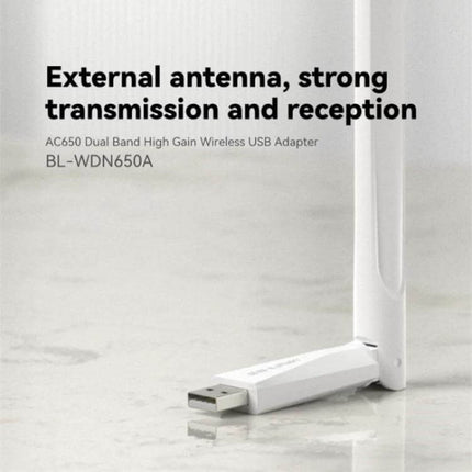 LB-LINK Dual Band Wireless USB Network Card for Computers showing external antenna USB adapter on a desk enhancing WiFi signal