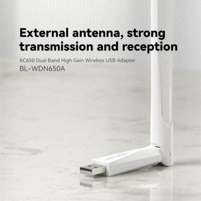 LB-LINK Dual Band Wireless USB Network Card for Computers showing external antenna USB adapter on a desk enhancing WiFi signal