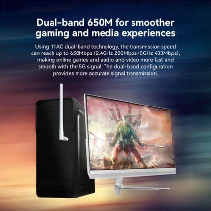 LB-LINK Dual Band Wireless USB Network Card for Computers showing dual-band 650M gaming PC and monitor with external antenna
