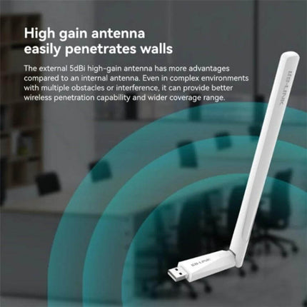 LB-LINK Dual Band Wireless USB Network Card for Computers high-gain external antenna image showing USB adapter boosting WiFi signal in office