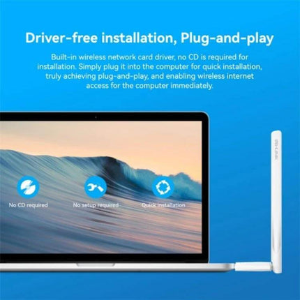 LB-LINK Dual Band Wireless USB Network Card for Computers showing driver-free plug-and-play USB adapter connected to laptop with antenna
