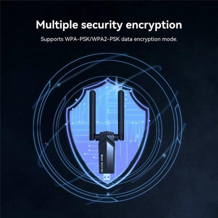 LB-LINK WDN1800H Wireless Adapter for Smooth Gaming Connectivity shown with dual antennas and shield icon highlighting multiple security encryption