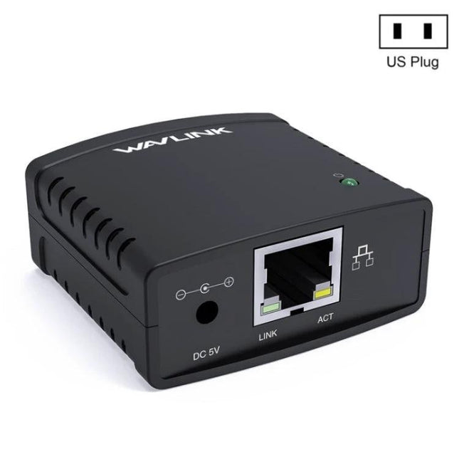 Wavlink Network Print Server for USB Printer Sharing on LAN black USB-to-Ethernet print server showing RJ45 port and DC 5V jack