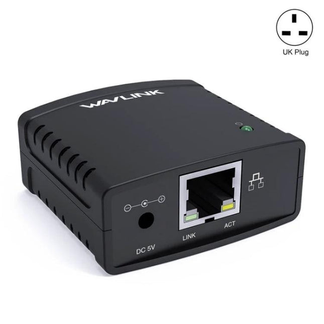 Wavlink Network Print Server for USB Printer Sharing on LAN compact black USB-to-Ethernet print server device with RJ45 port