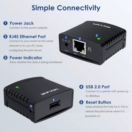 Wavlink Network Print Server for USB Printer Sharing on LAN with USB 2.0 port, RJ45 Ethernet and power jack for home office printing