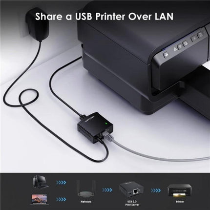 Wavlink Network Print Server for USB Printer Sharing on LAN connected to printer and router for shared LAN printing