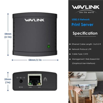 Wavlink Network Print Server for USB Printer Sharing on LAN compact USB2.0 Ethernet print server for home office and small business