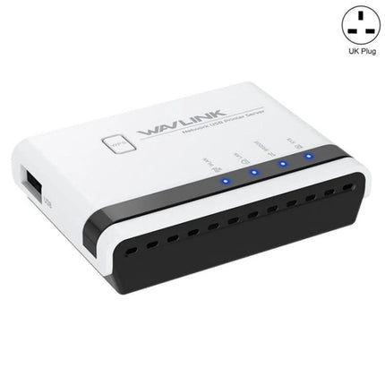 Wavlink Wireless USB Printer Server for Network Sharing white compact unit showing status LEDs and USB port