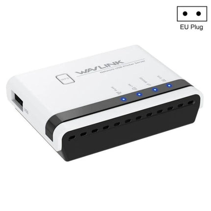 Wavlink Wireless USB Printer Server for Network Sharing white compact USB printer server with blue status LEDs and EU plug icon