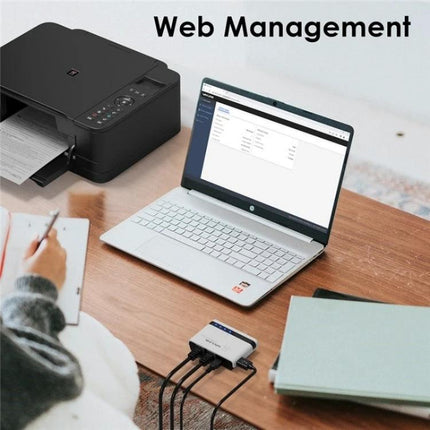 Wavlink Wireless USB Printer Server for Network Sharing on desk connecting printer and laptop for web management