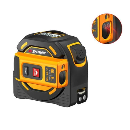 SNDWAY Laser Distance Meter with Tape Measure Feature shown in black-yellow casing, laser and tape combo for 40m measuring tasks