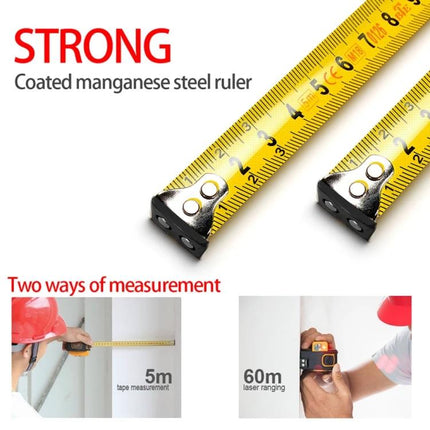 SNDWAY Laser Distance Meter with Tape Measure Feature showing coated manganese steel tape and laser ranging usage