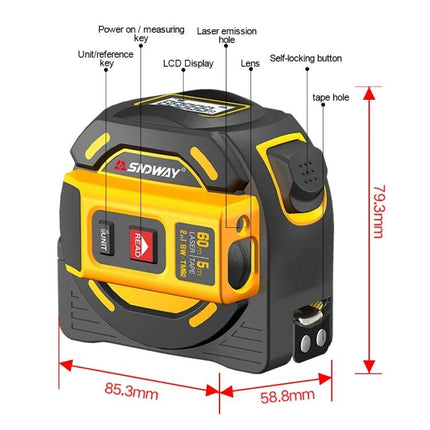 SNDWAY Laser Distance Meter with Tape Measure Feature compact laser and tape combo showing buttons, LCD and measurements