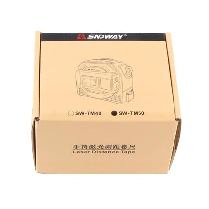 SNDWAY Laser Distance Meter with Tape Measure Feature boxed product packaging for SW-TM60 model