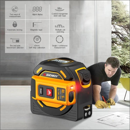 SNDWAY Portable Laser Distance Meter with Integrated Tape Measure showing laser and tape features used by a contractor