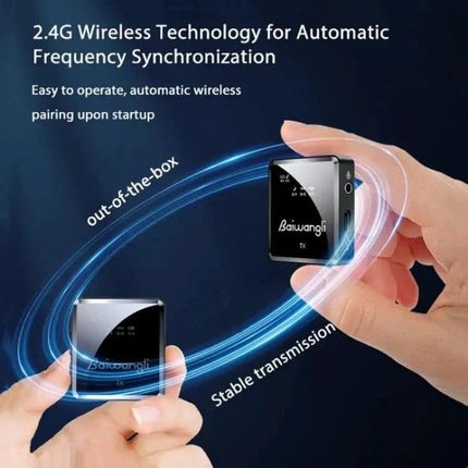 SX39 Lavalier Microphone for Daily iPhone Video Capture wireless 2.4G transmitter and receiver held in hands showing automatic pairing and stable transmission