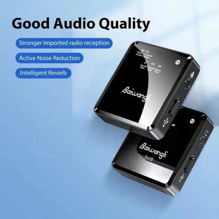 SX39 Lavalier Microphone for Daily iPhone Video Capture — compact wireless lavalier set showing transmitter and receiver with noise reduction features