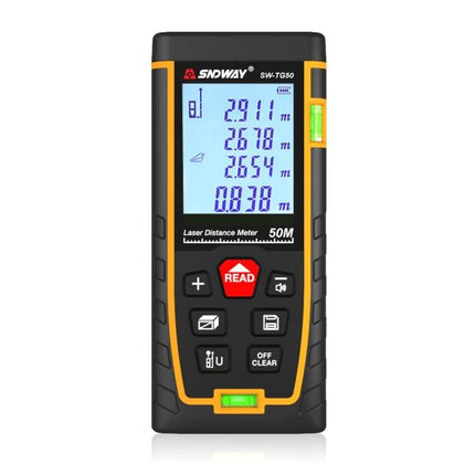 SNDWAY Laser Distance Meter with Bubble Level for Everyday Measuring showing digital display and control buttons