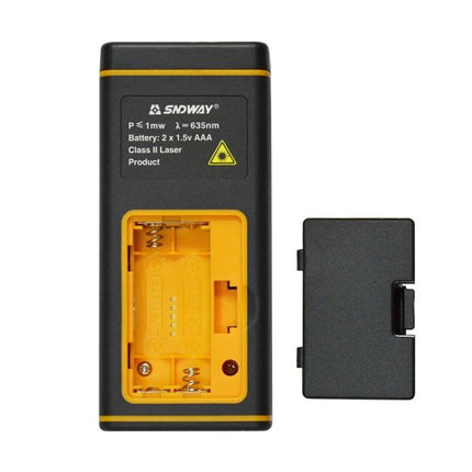 SNDWAY Laser Distance Meter with Bubble Level for Everyday Measuring showing back battery compartment open and cover removed