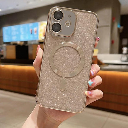 Phone Case With Glitter Design For Everyday Protection shown in champagne glitter TPU case with electroplated frame and ring holder