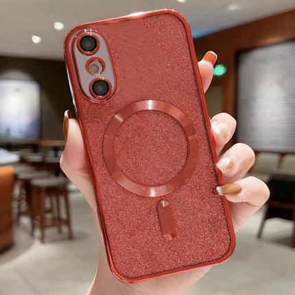 Glitter Phone Case For Daily Protection And Personal Style - rose red glitter TPU case with electroplated frame and ring holder, slim drop protection
