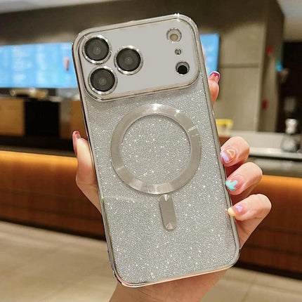 Glitter Phone Case for iPhone Everyday Protection showing silver glitter TPU case with electroplated frame and ring grip on an iPhone