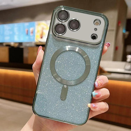 Glitter Phone Case for iPhone Everyday Protection shown on a glittery teal TPU case with magnetic ring and camera cutouts