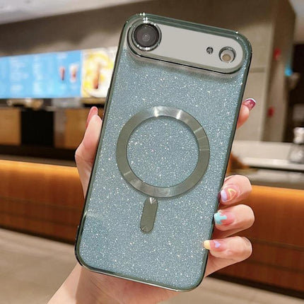 Phone Case for Daily iPhone Protection and Everyday Use glitter teal TPU case with electroplated frame and ring holder, shown in hand