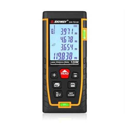 SNDWAY Laser Distance Meter with Bubble Level for Everyday Measuring — handheld laser distance meter with backlit display and built-in bubble level