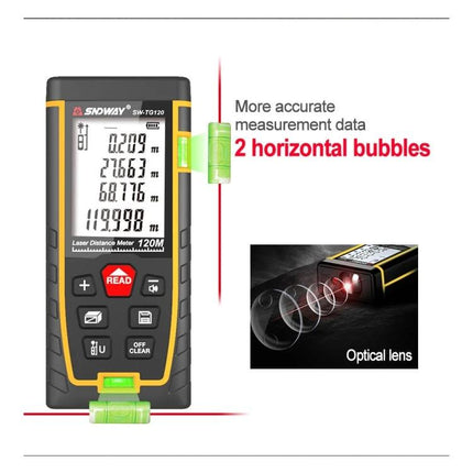 SNDWAY Laser Distance Meter with Bubble Level for Everyday Measuring - handheld laser meter showing dual horizontal bubble vials and optical lens