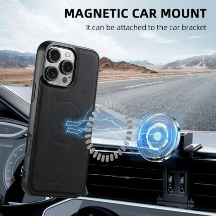 Suteni Detachable Leather Wallet Case For Everyday Phone Carry shown attached to magnetic car mount on dashboard, black PU leather case