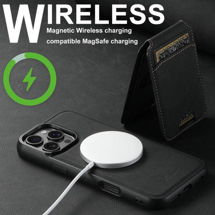 Suteni Detachable Leather Wallet Case For Everyday Phone Carry shown with MagSafe wireless charger attached to phone and detachable leather wallet