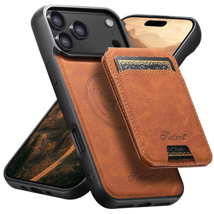 Suteni Detachable Leather Wallet Case For Everyday Phone Carry slim brown PU leather phone case with detachable wallet and magnetic connection