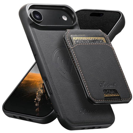 Suteni Detachable Leather Wallet Case For Everyday Phone Carry showing black PU leather case with detachable card wallet attached