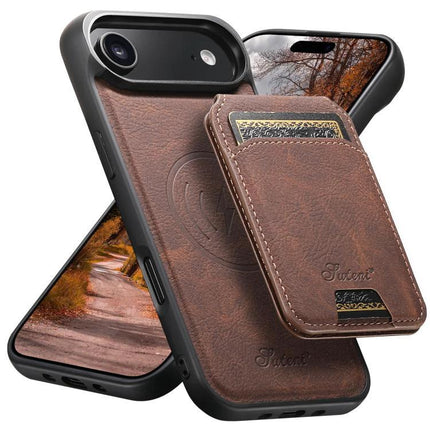 Suteni Detachable Leather Wallet Case For Everyday Phone Carry slim brown PU leather phone case with detachable card wallet and magnetic connection