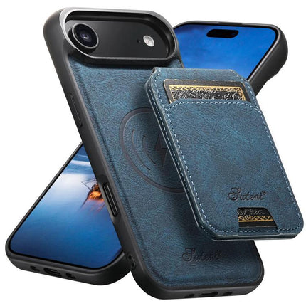 Suteni Detachable Leather Wallet Case For Everyday Phone Carry showing blue PU leather case with detachable card wallet and magnetic attachment