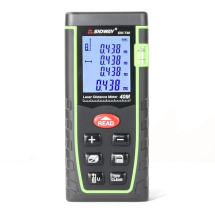 SNDWAY Handheld Laser Range Finder for Everyday Measurements showing digital display and control buttons