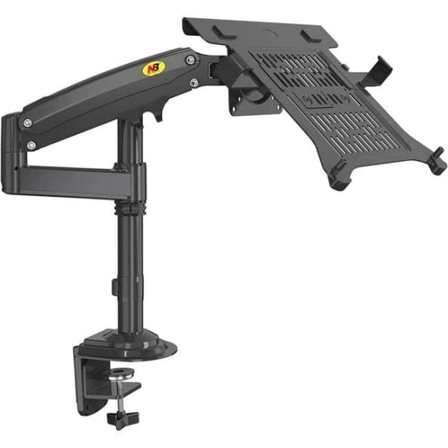 NB Adjustable Desk Mount Arm for 10-17 Inch Laptops showing adjustable arm, clamp and ring mount options for ergonomic laptop positioning