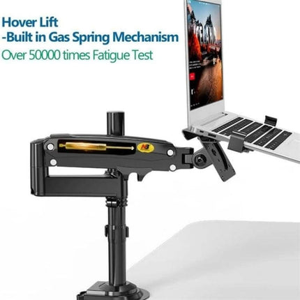 NB Adjustable Desk Mount Arm for 10-17 Inch Laptops showing gas-spring hover lift arm clamped to desk with laptop elevated