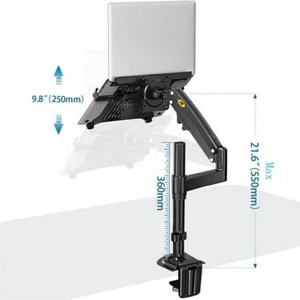 NB Adjustable Desk Mount Arm for 10-17 Inch Laptops elevated laptop arm showing clamp and ring mount options for ergonomic desk setup