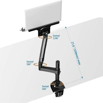 NB Adjustable Desk Mount Arm for 10-17 Inch Laptops showing clamp and ring mount, adjustable swivel arms and laptop elevated to eye level
