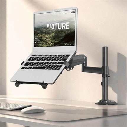 NB Adjustable Desk Mount Arm for 10-17 Inch Laptops holding silver laptop at eye level with clamp and ring mounting options