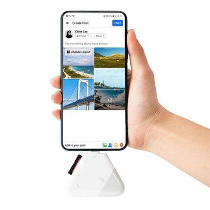 LCOPM USB Type-C SD Card Reader for Smartphones and Tablets connected to a smartphone transferring photos from an SD card