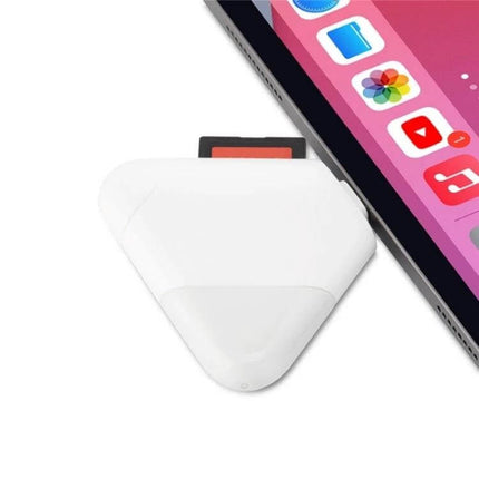 LCOPM USB Type-C SD Card Reader for Smartphones and Tablets connected to a tablet transferring photos from SD card