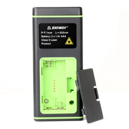 SNDWAY Handheld Laser Range Finder for Everyday Measurements showing back battery compartment open and removable cover