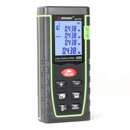 SNDWAY Handheld Laser Range Finder for Everyday Measurements showing display, buttons and compact design for quick distance, area and volume measurements
