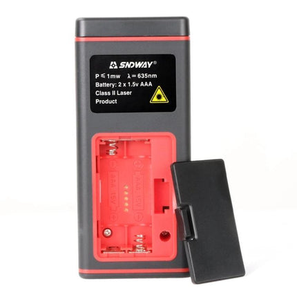 SNDWAY Laser Range Finder for Distance and Area Measurement handheld device showing open battery compartment and laser label