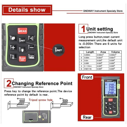 SNDWAY Laser Range Finder for Distance and Area Measurement handheld device showing unit setting, buttons, front and rear views